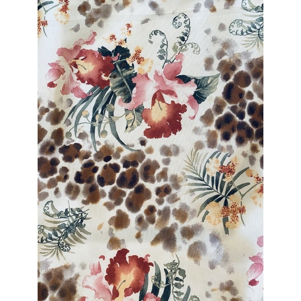 Tropical Print Fabric Tablecloth Pink Iris Green Ferns Yellow Orchids 60x82"